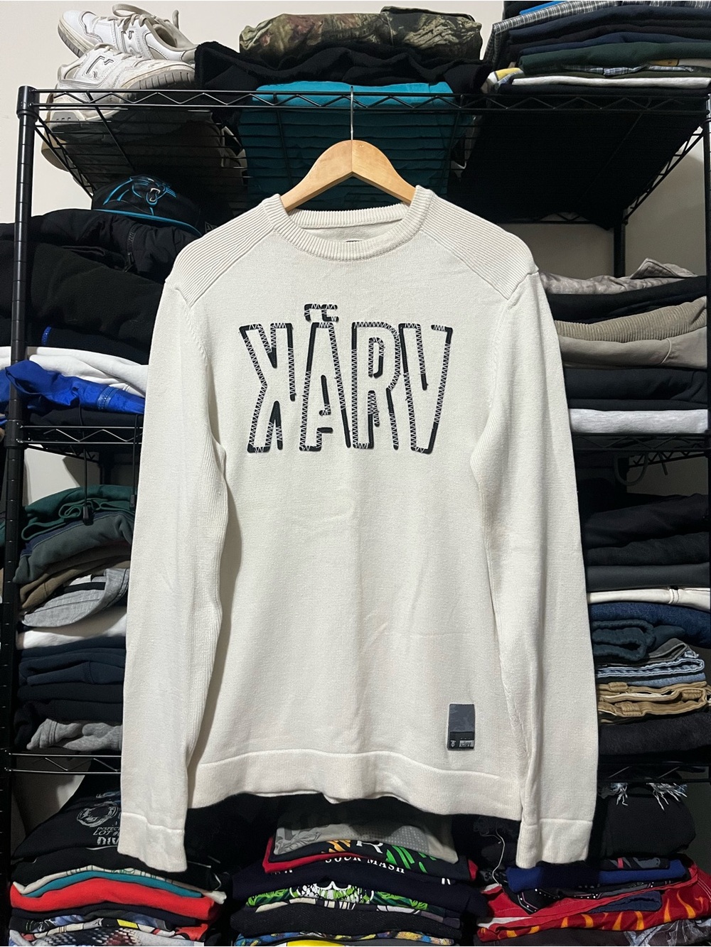 Y2k Men's Cream Crewneck Sweater with Contrast Chest Logo